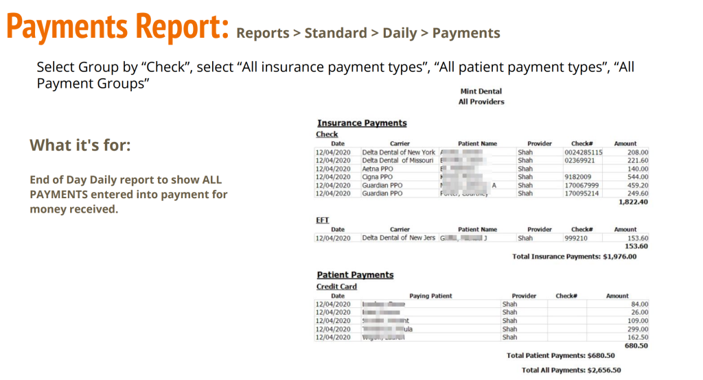 Open Dental Payments Report