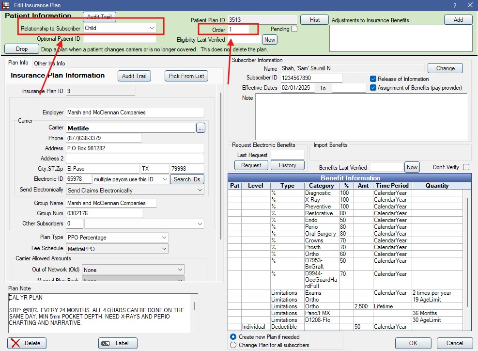 Open Dental Edit Insurance Plan Window