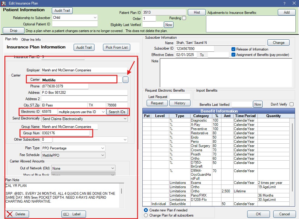 Edit Insurance Plan: Carrier information