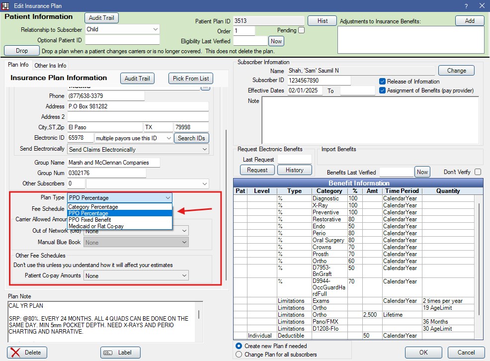 Plan Type: Open Dental Edit Insurance Plan Window