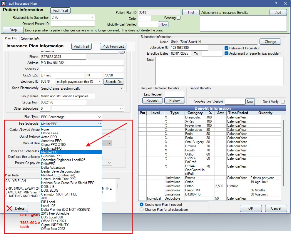 Fee Schedule: Selecting correct fee schedule from Edit Insurance Plan in Open Dental