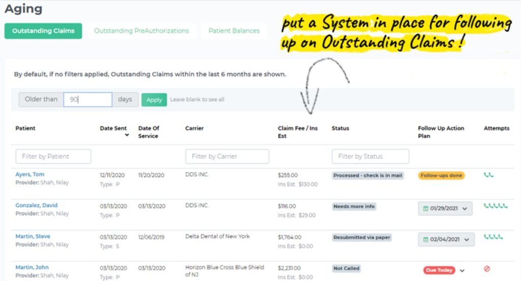 Open Dental Outstanding Claims report on Teamio